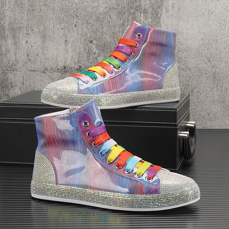 Rhinestone Inner Height Board Shoes Silver Patent Leather Colorful Laser High Top