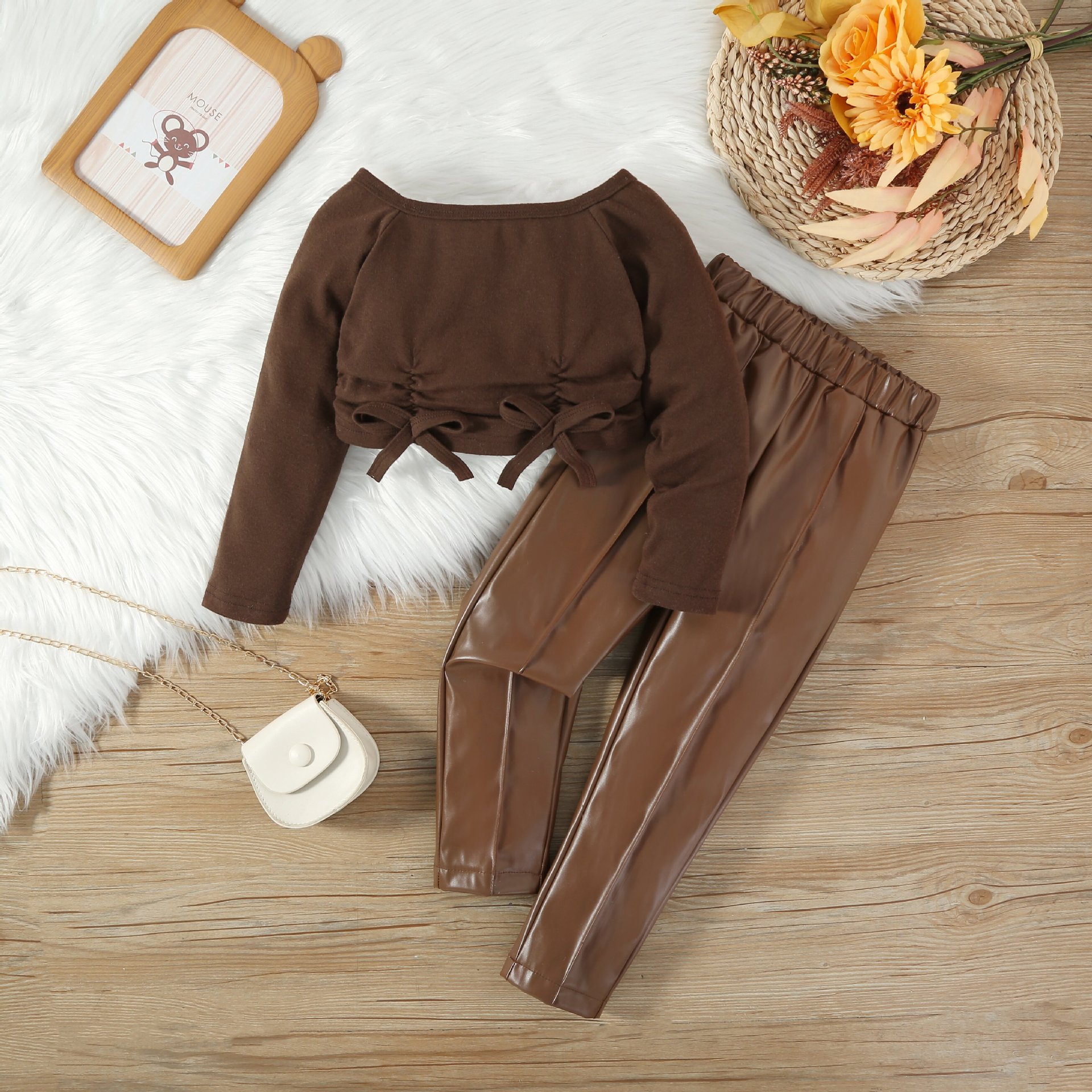 Lace-up Bow Exposed PU Leather Blouse And Pants