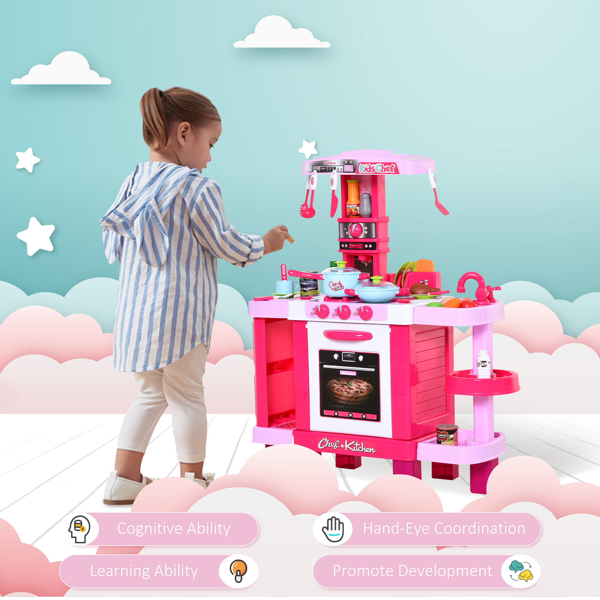 38 Pcs Kids Children Kitchen Play Set W/ Realistic Sounds Lights Food Utensils Pots Pans Appliances Toy Game Pink