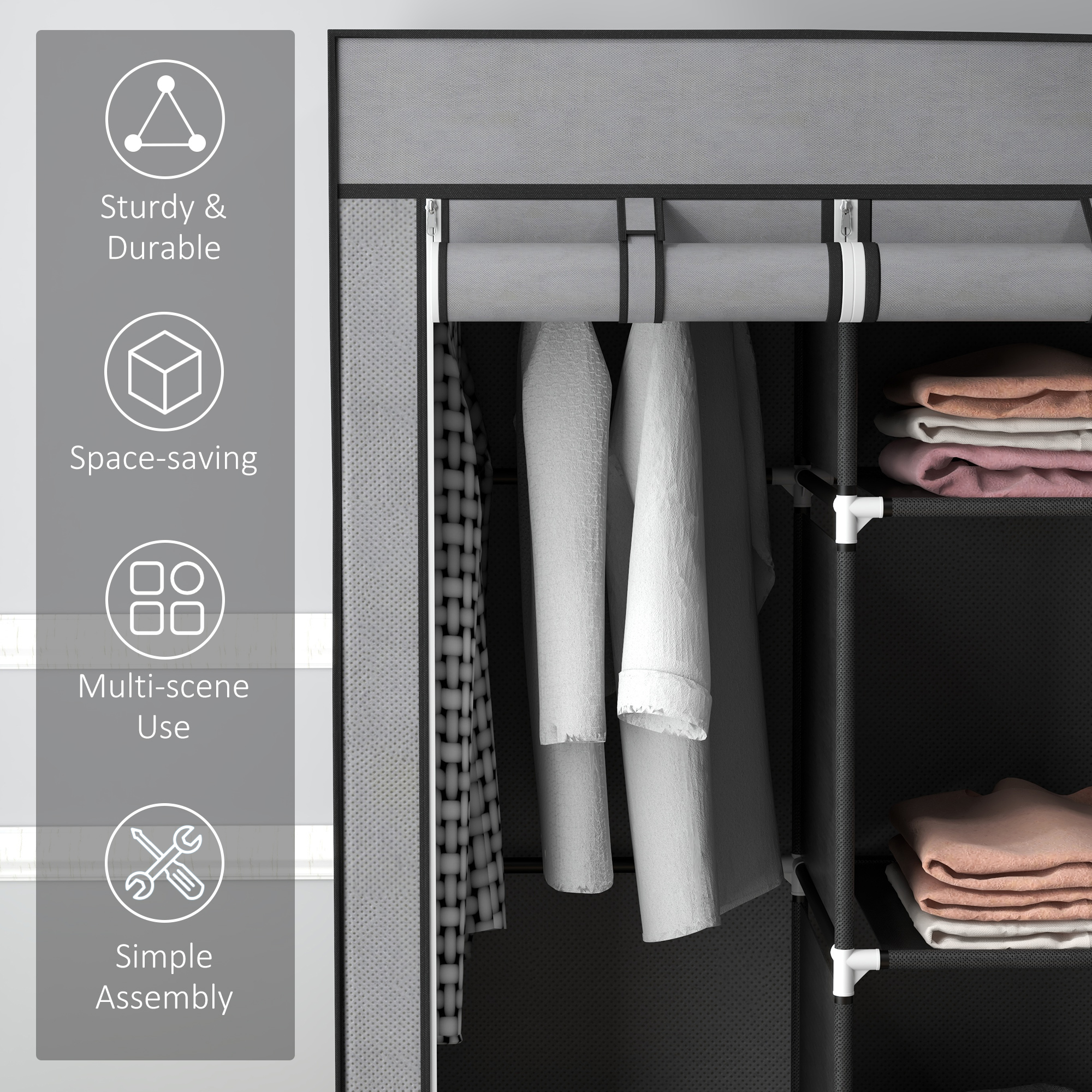 Fabric Wardrobe For Bedroom,Portable Wardrobe With 5 Shelves,2 Hanging Rails And 3 Fabric Drawers,Foldable Closet,125 X 43 X 162.5cm,Dark Grey