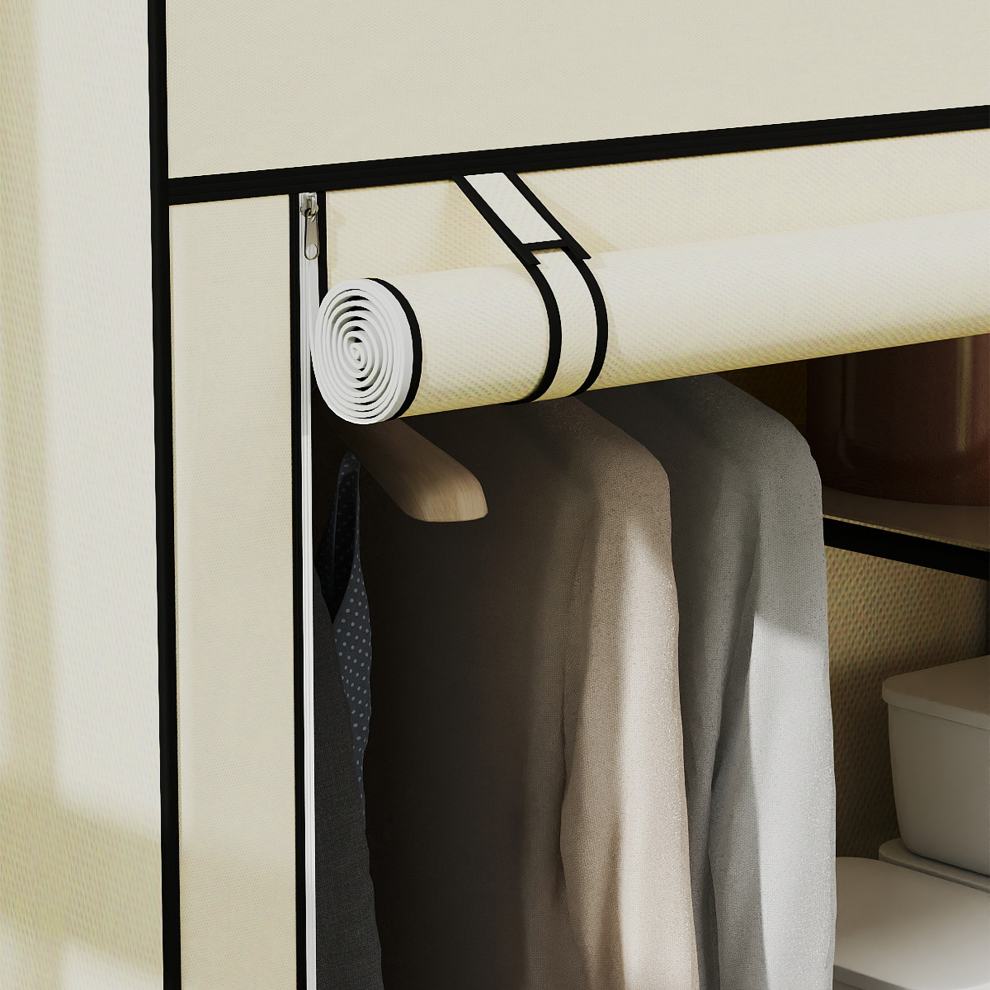 Fabric Wardrobe W/ Shelves Hanging Rail Foldable Wardrobe Cream