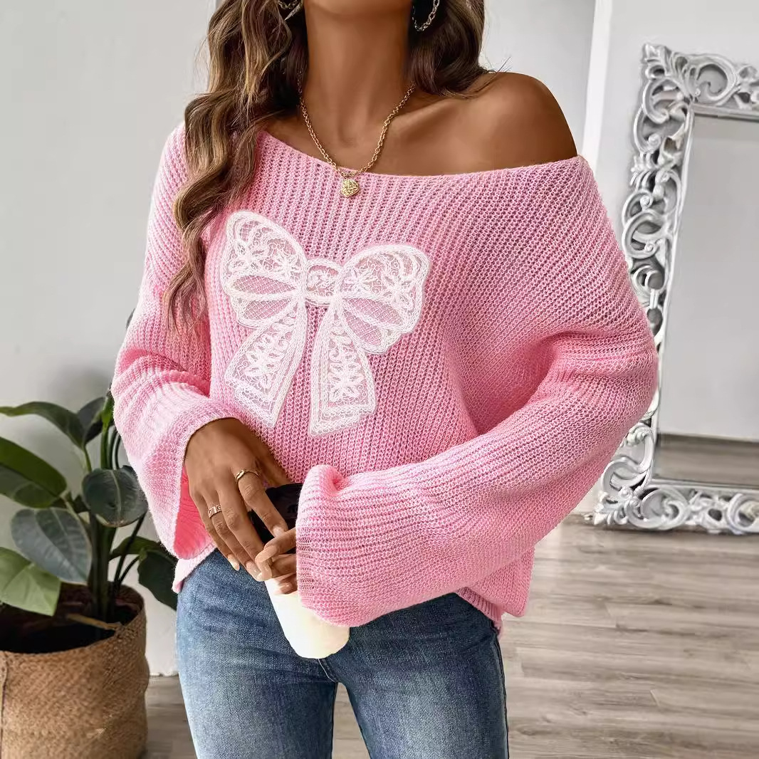 Bow Embroidery Patch Women's Pullover