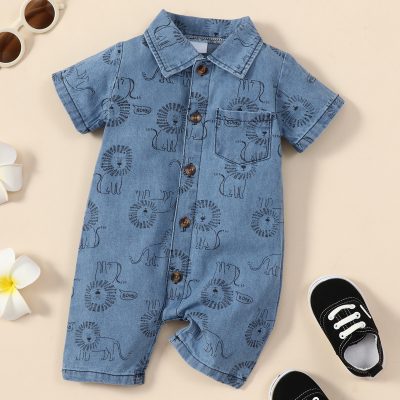 Boy Lion Printing Denim Jumpsuit