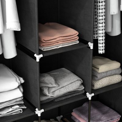 Fabric Wardrobe,with Rails And Shelves-Black