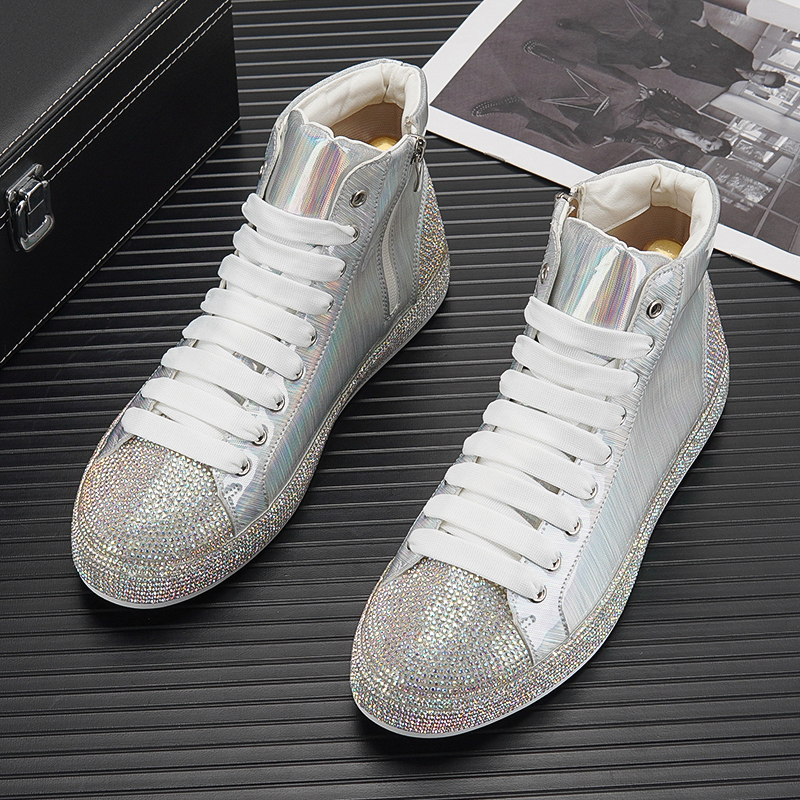 Rhinestone Inner Height Board Shoes Silver Patent Leather Colorful Laser High Top