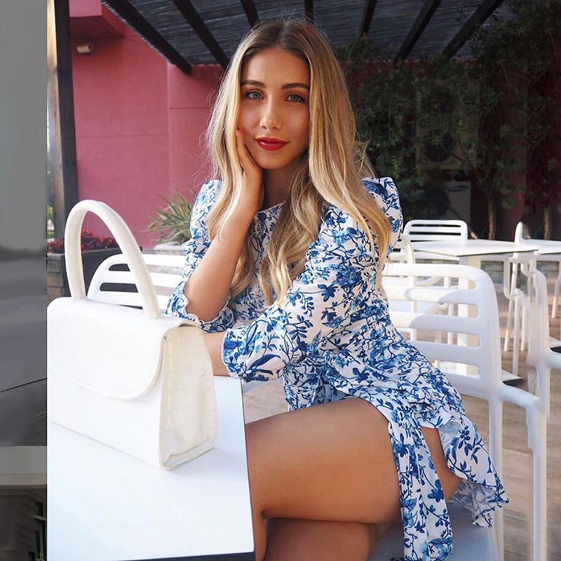 Lace-up Hanging Neck Long-sleeved Printed Slim-fit Backless Dress Female