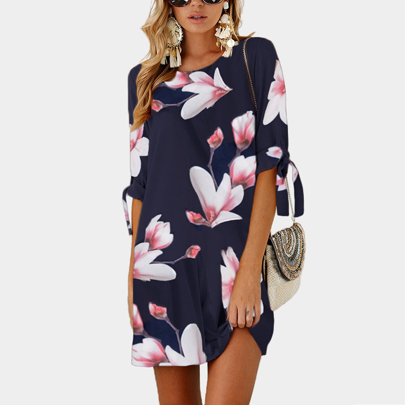 Summer Middle-sleeve Floral-print Lace-up Crew Neck Dress For Women