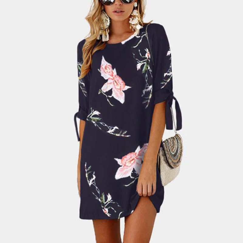 Summer Middle-sleeve Floral-print Lace-up Crew Neck Dress For Women