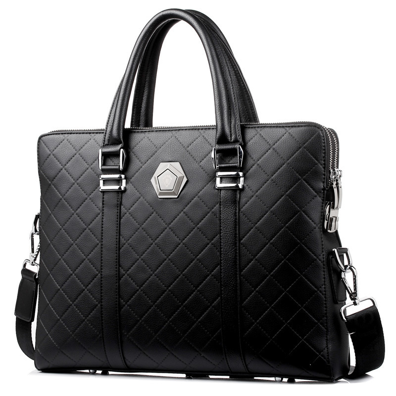 Men's Fashion Casual Wear Cowhide Leather Rhombus Zipper Bag