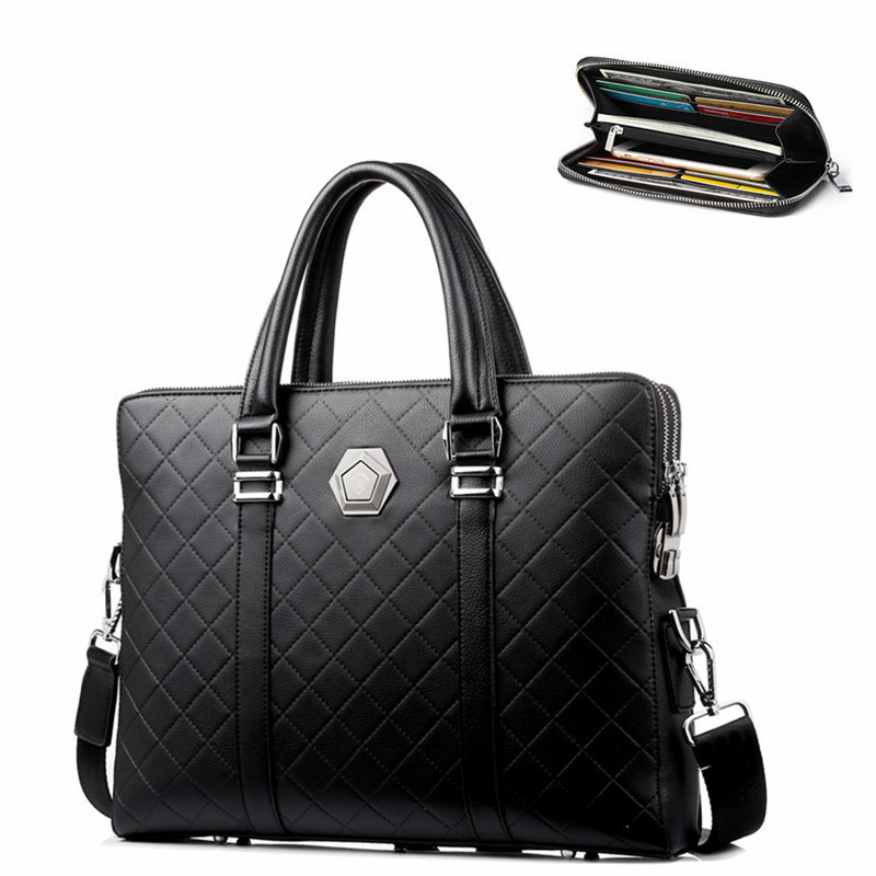 Men's Fashion Casual Wear Cowhide Leather Rhombus Zipper Bag