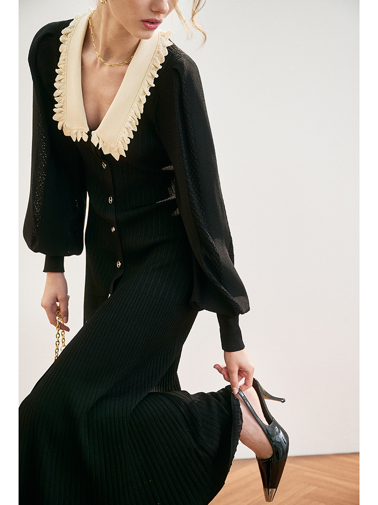 Early Autumn Color Bump Lapel Slim Sweater Women's Single Breasted Long Sleeve Small Black Long Skirt