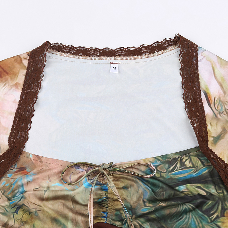 Women's Printed Lace Patchwork V-neck Bust Lace-up Top