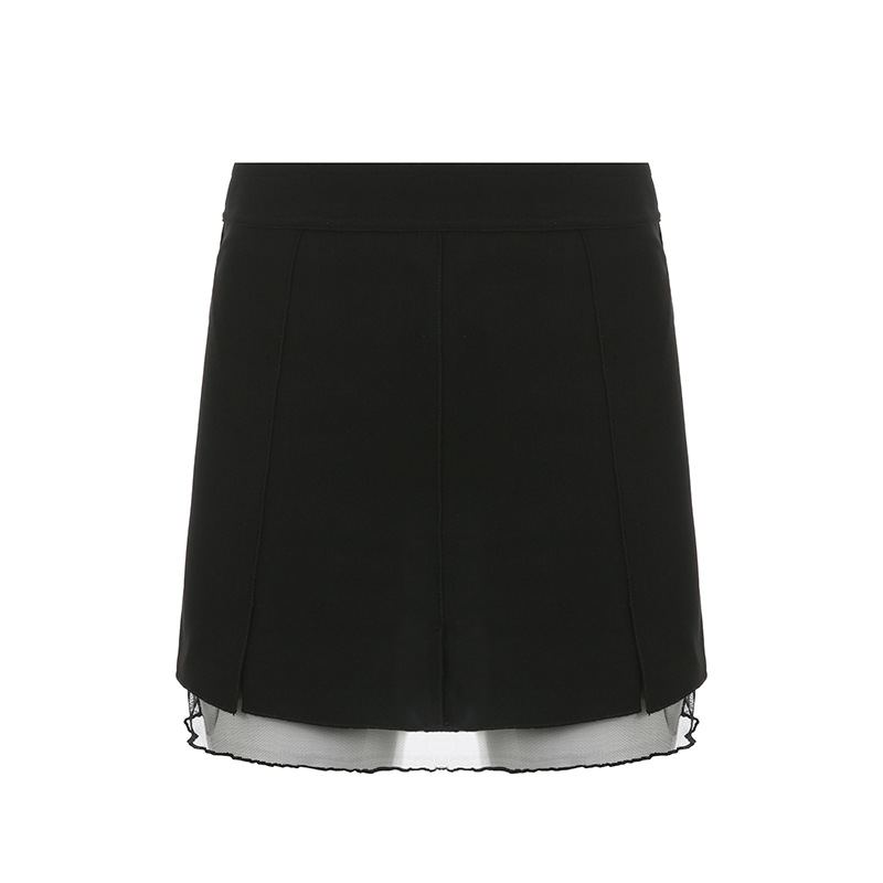 Low Waist Slit Stitching Mesh Gauze Double Elastic Skirt Female