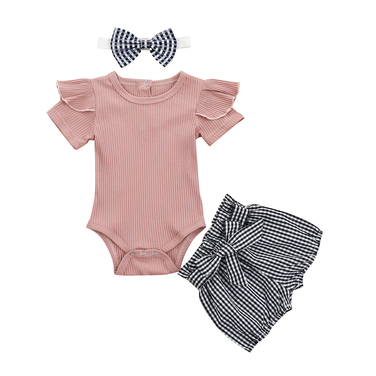 Girl Baby Set Short Sleeved Jumpsuit Crawling Suit Floral Shorts Headwear