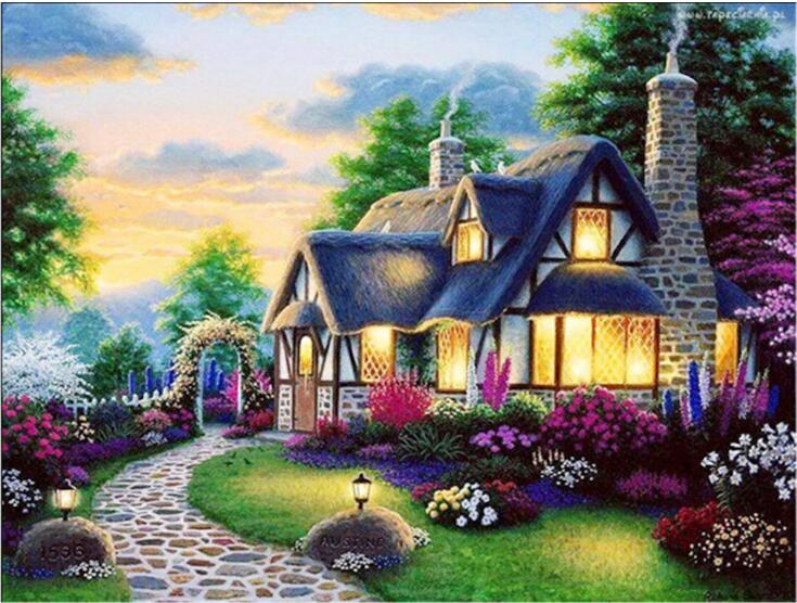 3d Diy Diamond Painting Canvas Oil Colorful Fairy Tale Hut Needlework Cross Rhinestones Scroll Decor