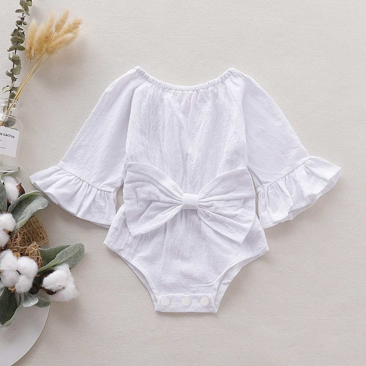 Girls' Solid Color Long Sleeve Bowknot Romper