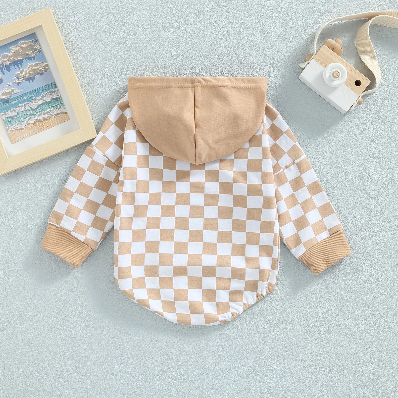 Plaid Long Sleeve Hooded Panda Bag Romper