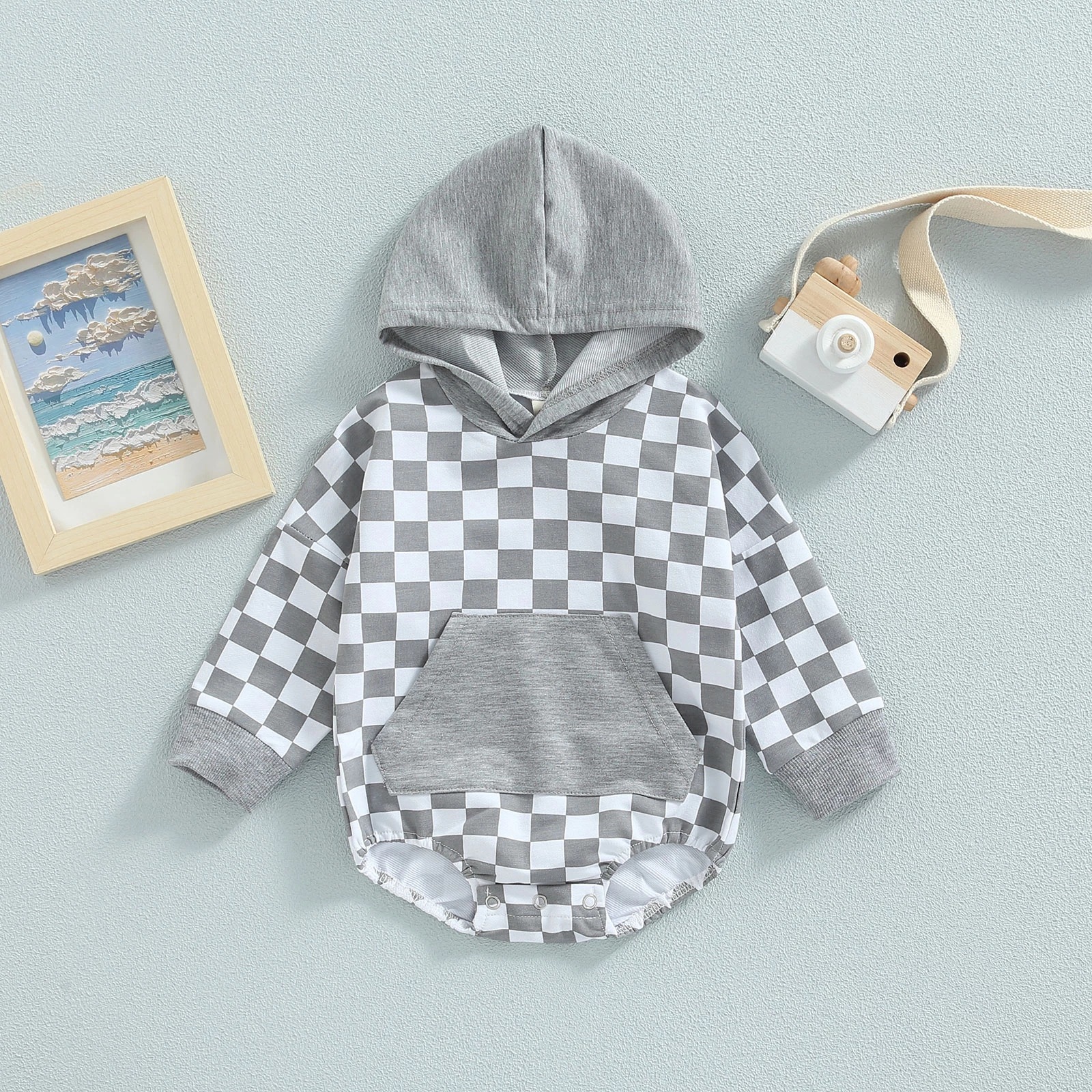 Plaid Long Sleeve Hooded Panda Bag Romper