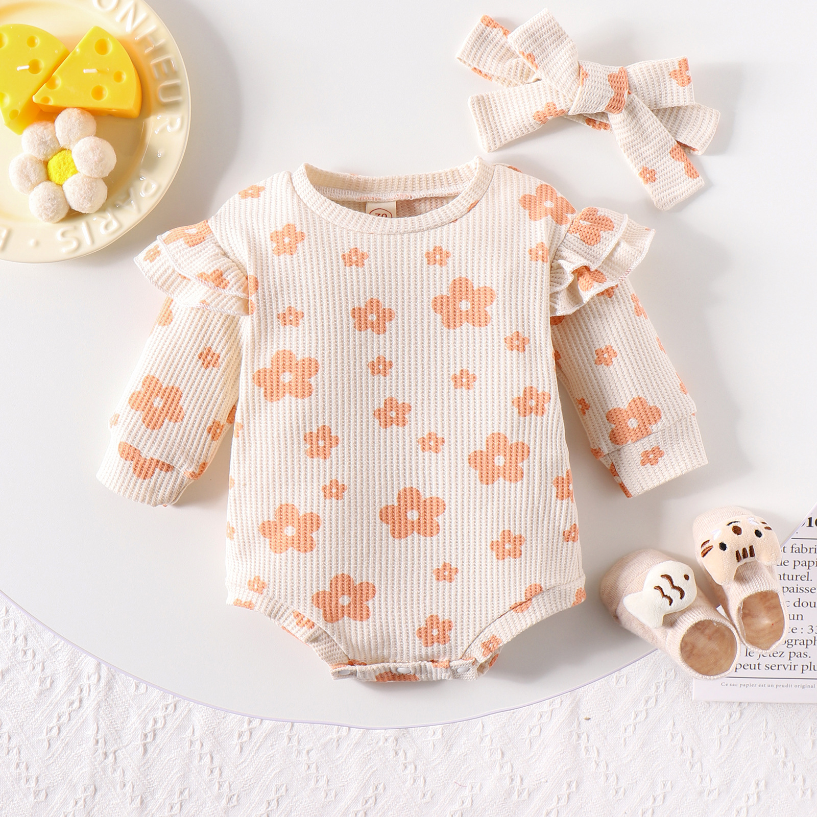 Solid Color Waffle Print Romper With Bow Suit