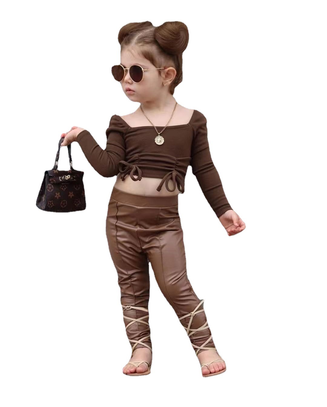 Lace-up Bow Exposed PU Leather Blouse And Pants