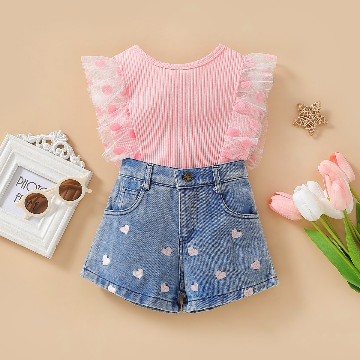 Polka Dot Mesh Sleeves Top Flower Denim Shorts