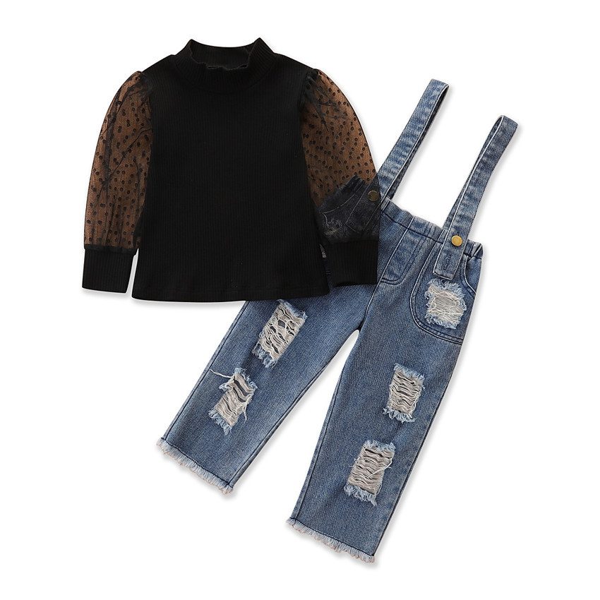 Girls' Suit New Children's Mesh Sleeves Top Denim Suspender Pants Two-piece Set