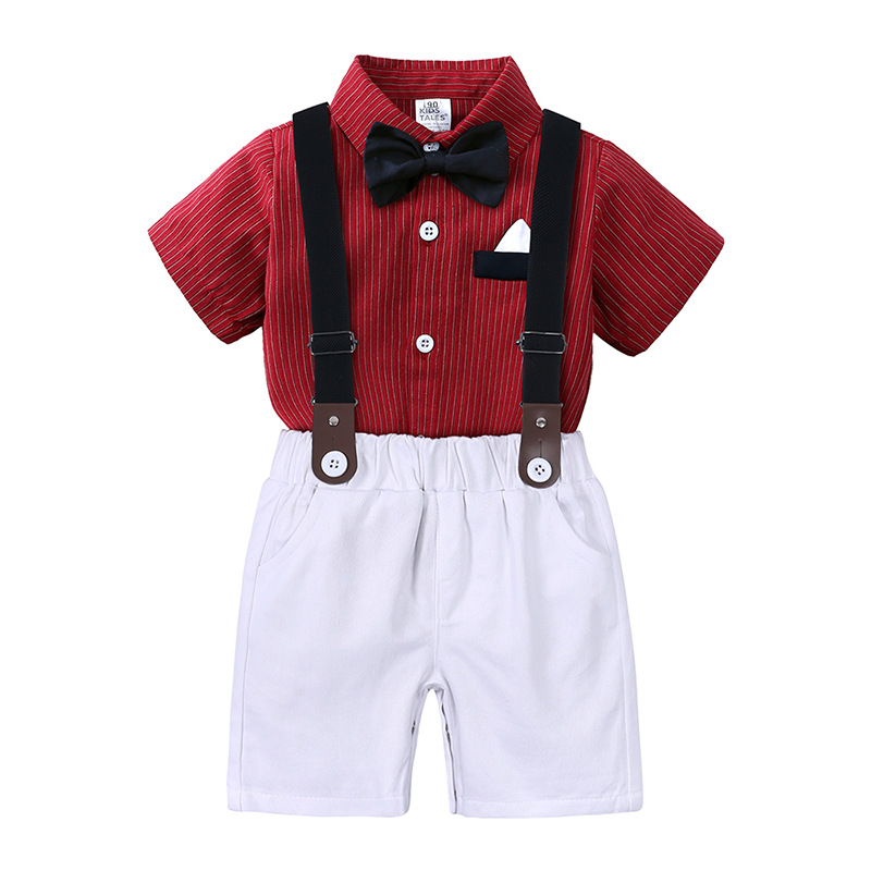 Gentleman Bow Tie Red Striped Shirt Overalls Birthday Gift Children Outwear
