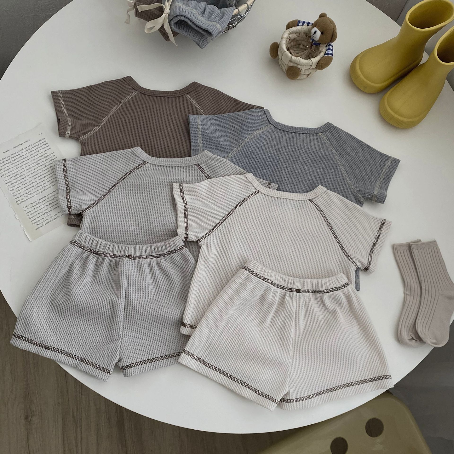 Ins Children's Waffle Short Sleeve Two-piece Set