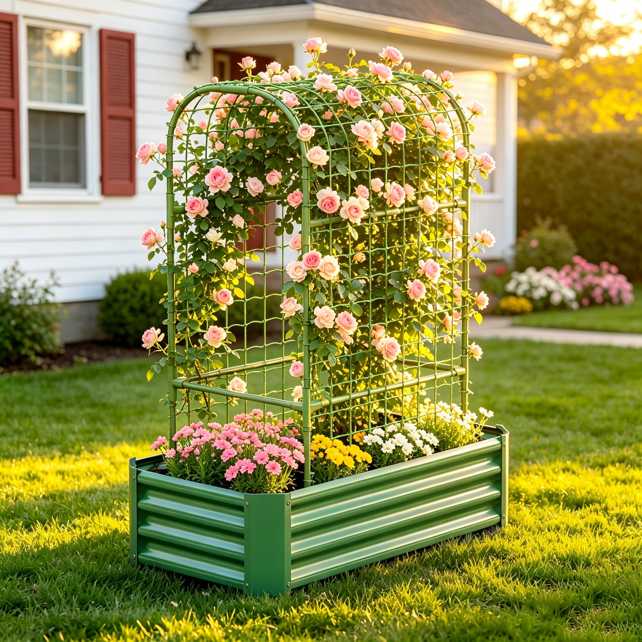2-in-1 Raised Garden Bed with Trellis - 59" Tall Arch Planter Box for Climbing Plants, Outdoor Galvanized Metal Gardening Bed for Vegetables, Fruits, Flowers (Green, 4x2x1 Ft)