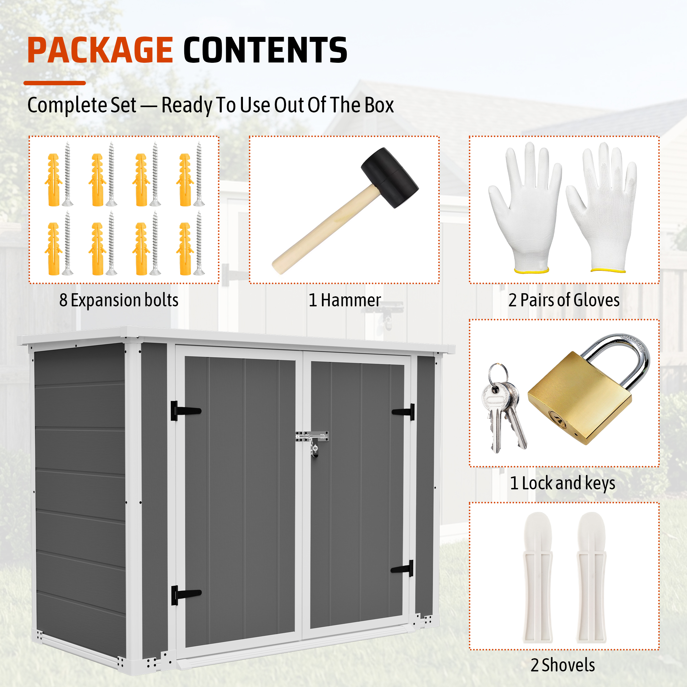 Horizontal Outdoor Storage Shed with Ramp & Hydraulic Lid, Lockable Waterproof Storage Cabinet for Trash Cans, Tools & Firewood