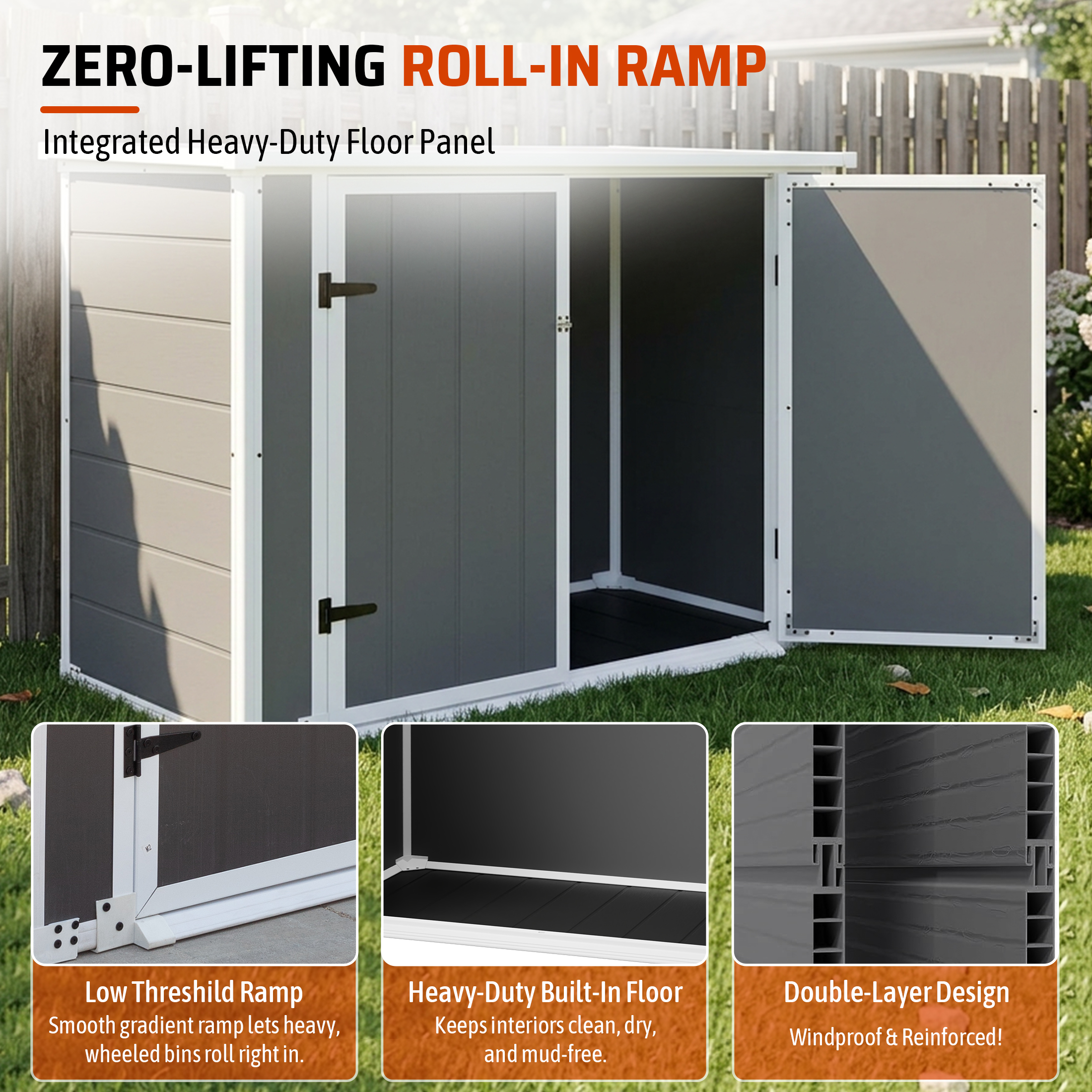 Horizontal Outdoor Storage Shed with Ramp & Hydraulic Lid, Lockable Waterproof Storage Cabinet for Trash Cans, Tools & Firewood