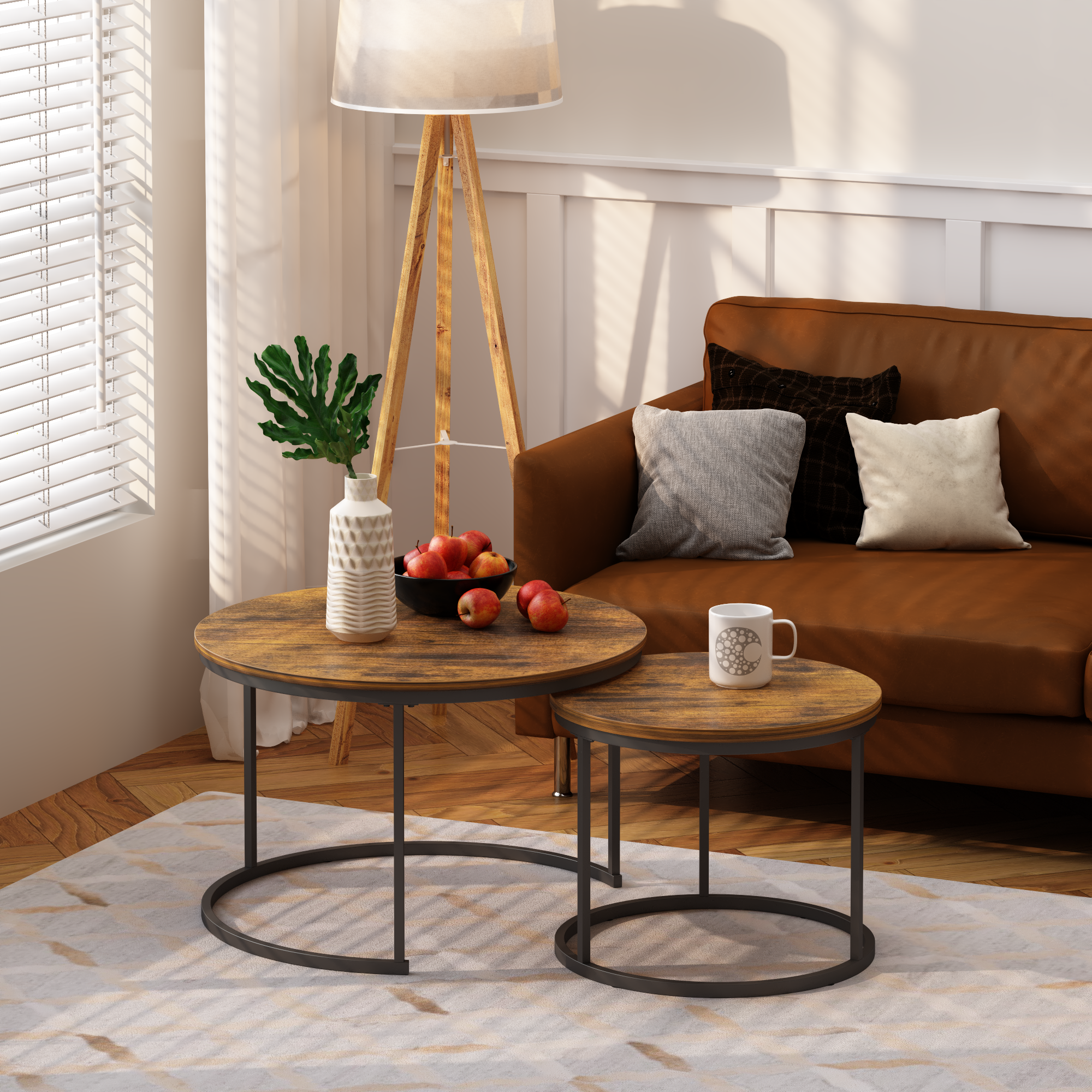 Nesting Coffee Table Set of 2, 27.6inch Round Coffee Table Industrial Wood Finish with Sturdy Metal Frame, End Table Side Tables for Living Room Bedroom Balcony Yard (Rustic Brown)