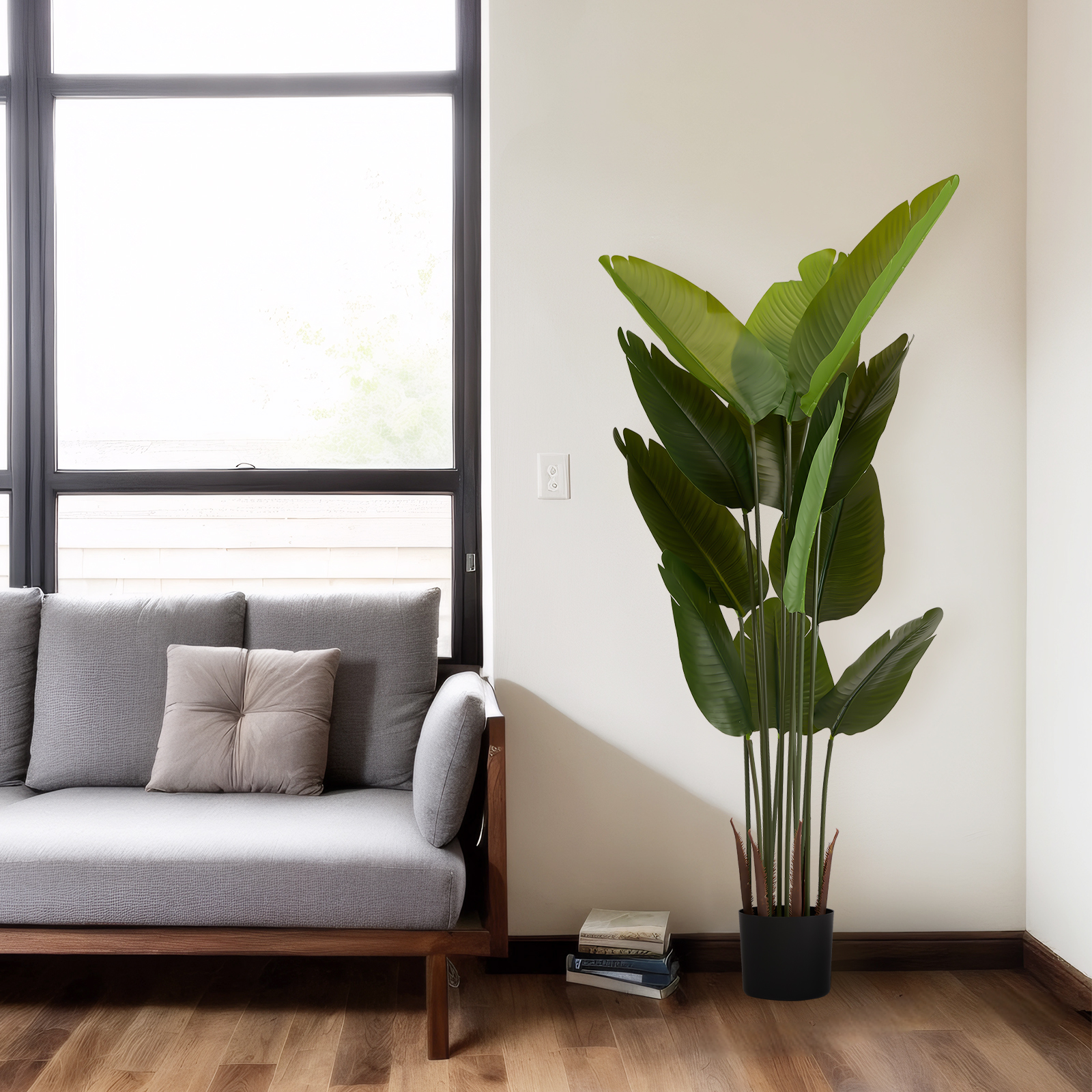 Artificial Bird of Paradise Plant, 5.2ft Tall Faux Tropical Palm Tree in Pot for Indoor or Outdoor Home, Office, or Garden Decoration, 2pcs/set