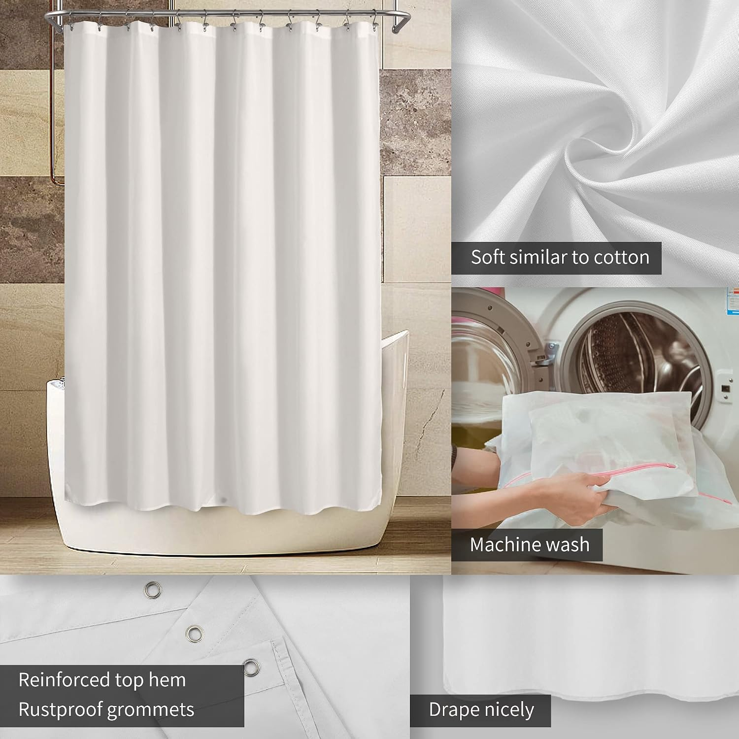 White Waterproof Fabric Shower Curtain Liner 72 X 72 Inch Durable Bathroom Shower Curtain With Easy-Hang Design