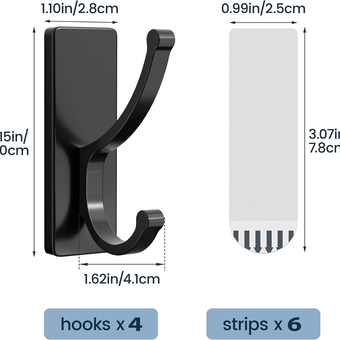 4 Pack Black Adhesive Wall Hooks With Strips No Residue Heavy Duty Sticky Towel Hooks Easy Remove Home Storage Organizer