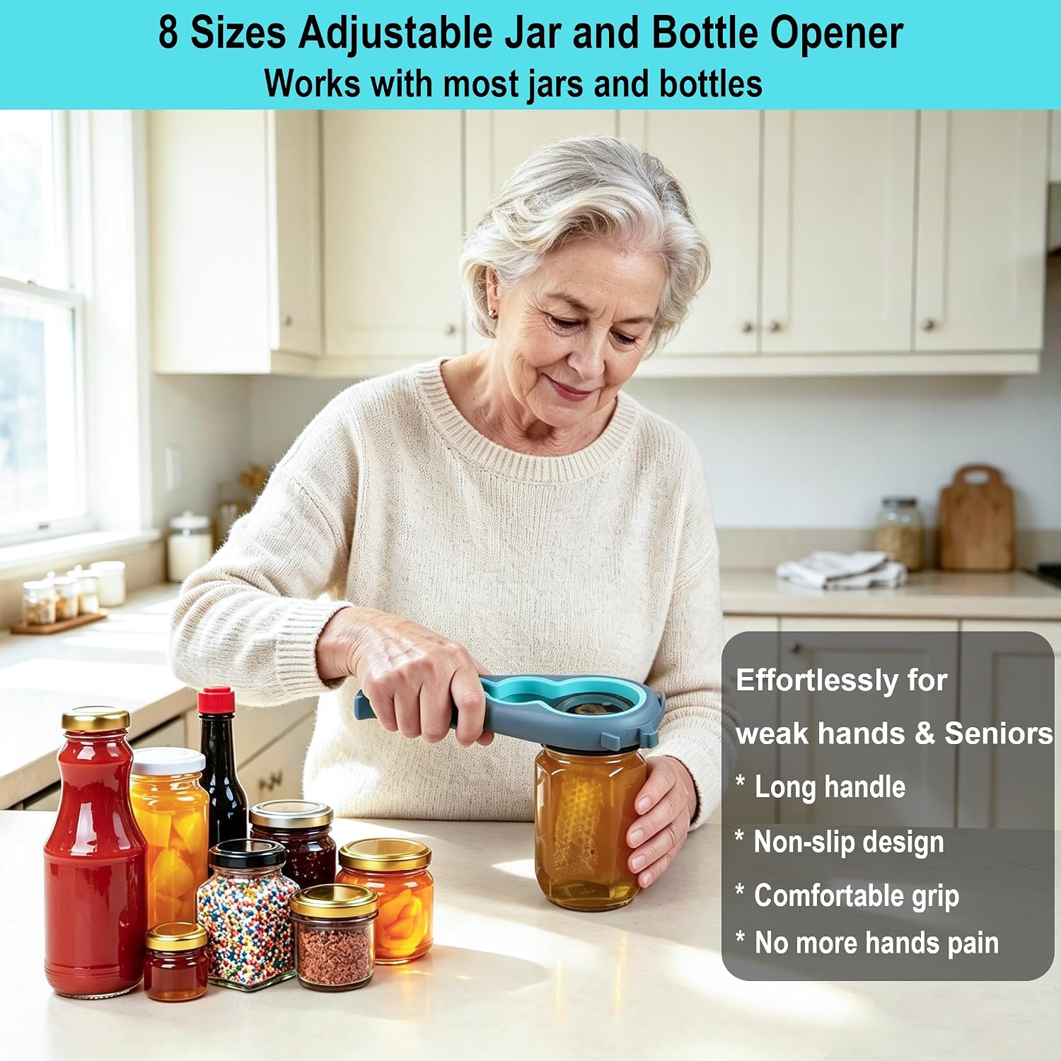 Jar Opener & Bottle Opener, Easy Grip Kitchen Tool For Seniors, Manual Lid Opener For Jars, Bottles, Cans & Household Use
