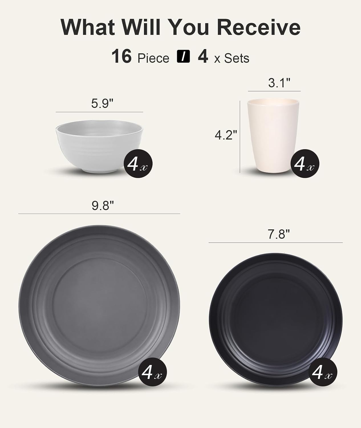 16 Piece Plates And Bowls Set For 4, Plastic Dinnerware Set, Lightweight Reusable Tableware For Home, Kitchen, Camping & Grey