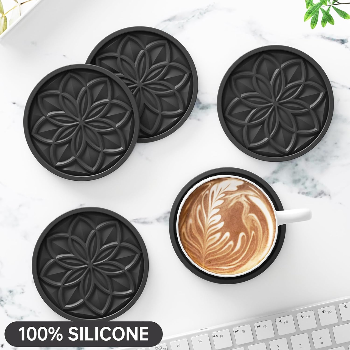 6 Pack Silicone Drink Coasters With Holder For Coffee Table Bar Desk Non-Slip Tabletop Protection Coaster Set For Home And Office