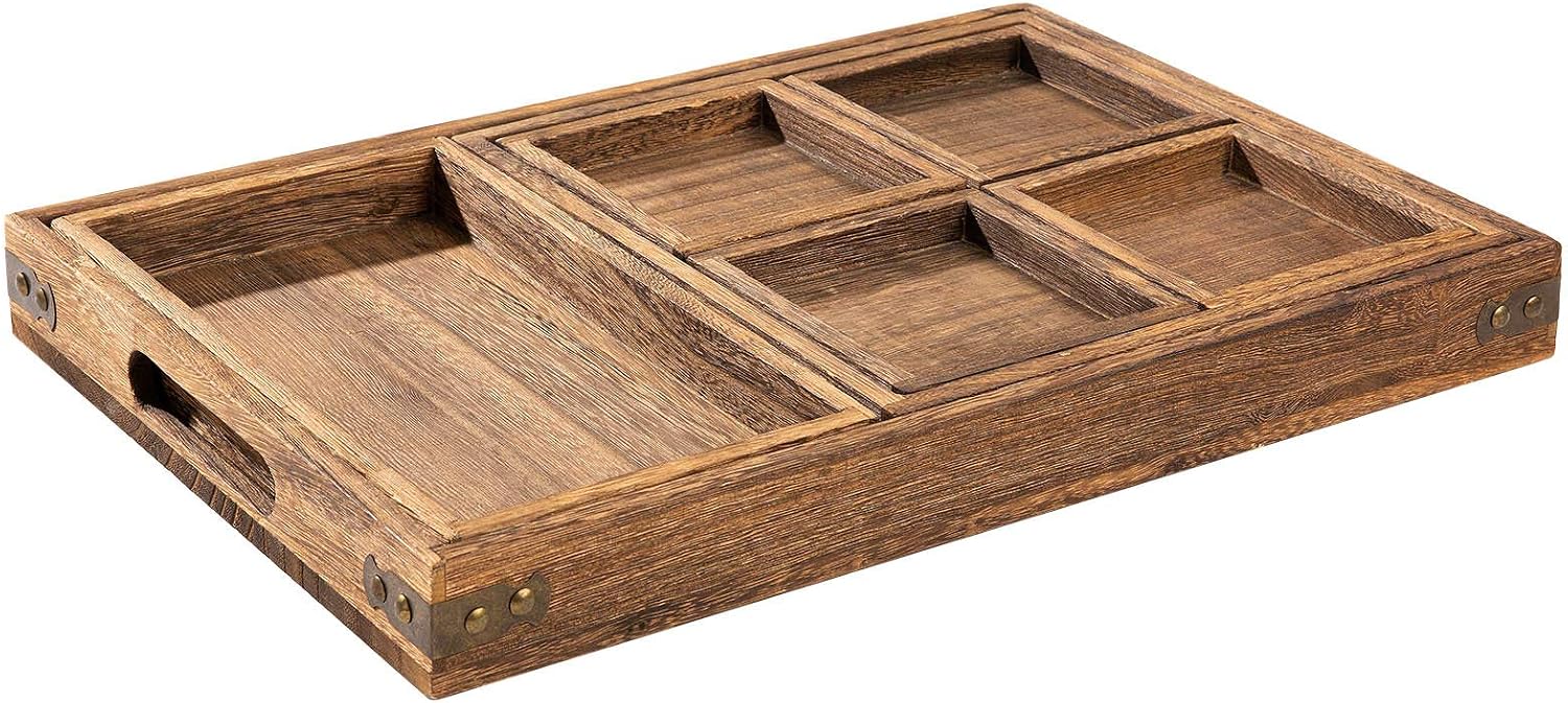 Rustic Wooden Serving Trays With Handles, Set Of 7 Rectangular Platters For Breakfast, Entertaining, Coffee Table & Home Decor