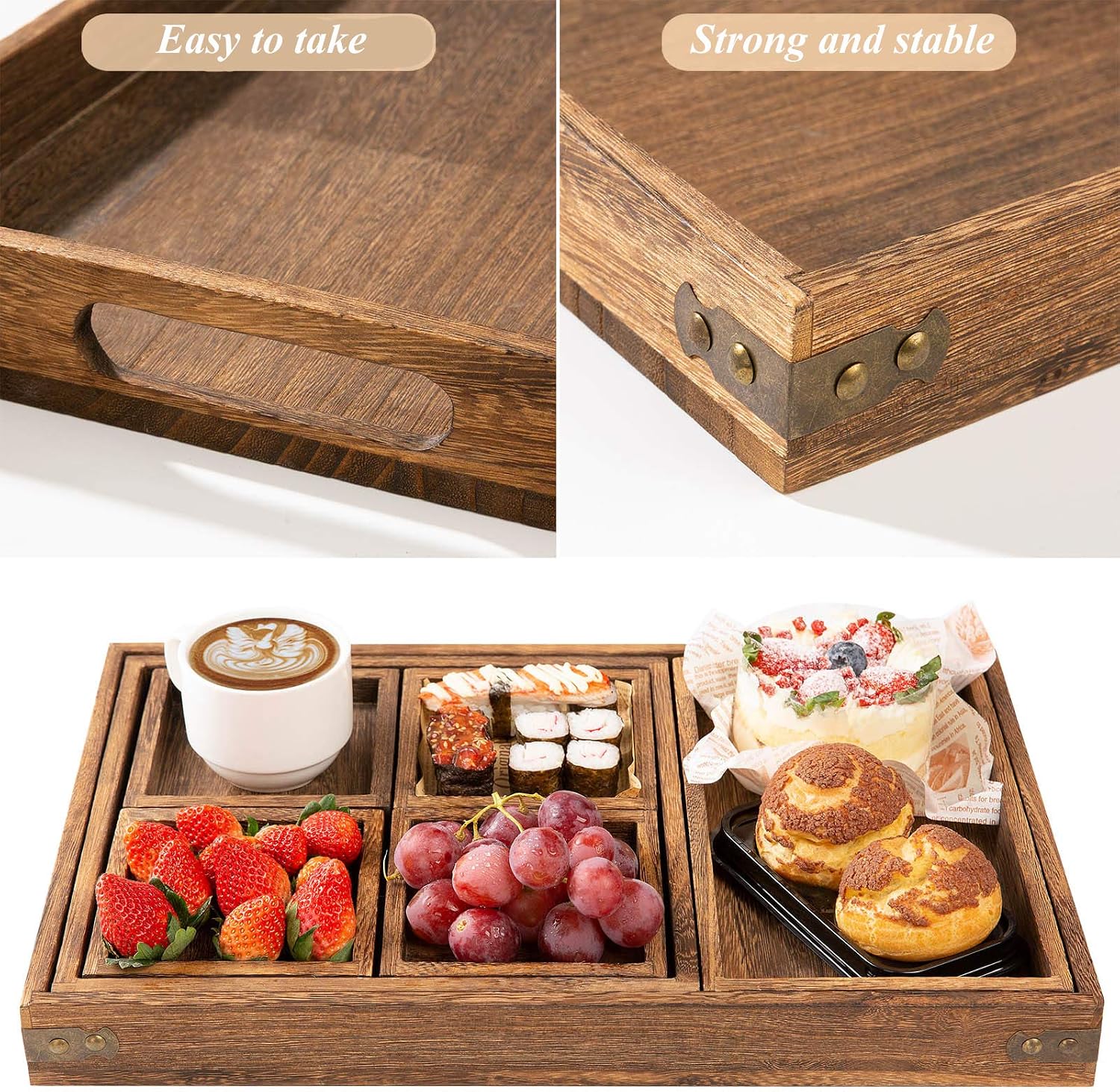 Rustic Wooden Serving Trays With Handles, Set Of 7 Rectangular Platters For Breakfast, Entertaining, Coffee Table & Home Decor