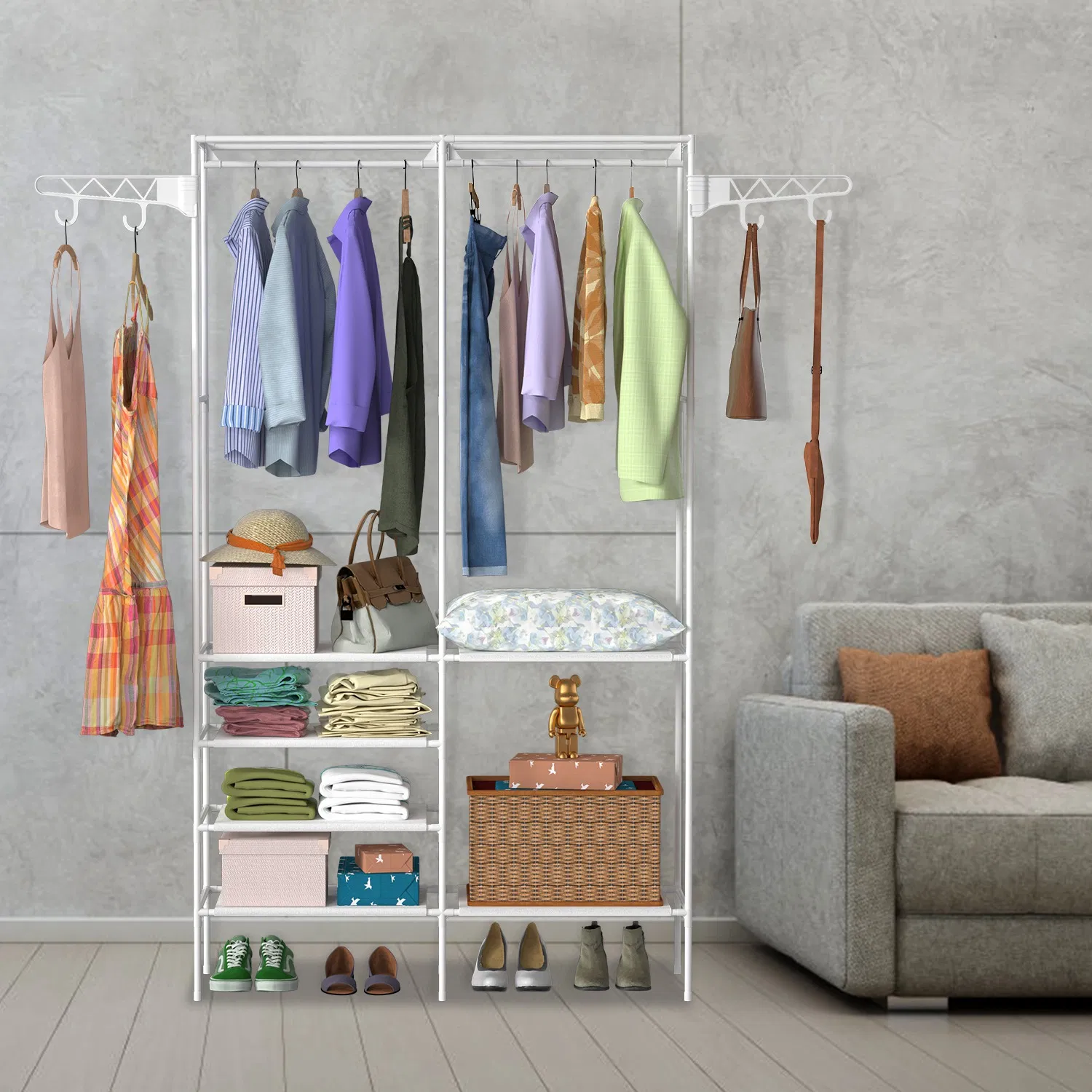 66.1x42.1x14.2in Perfect 4 layers of shelves Closet Organizing rack, weight capacity of the hanging rod and the fabric rack reaches up to 33lbs and 11lbs separately.(no shipments on weekends