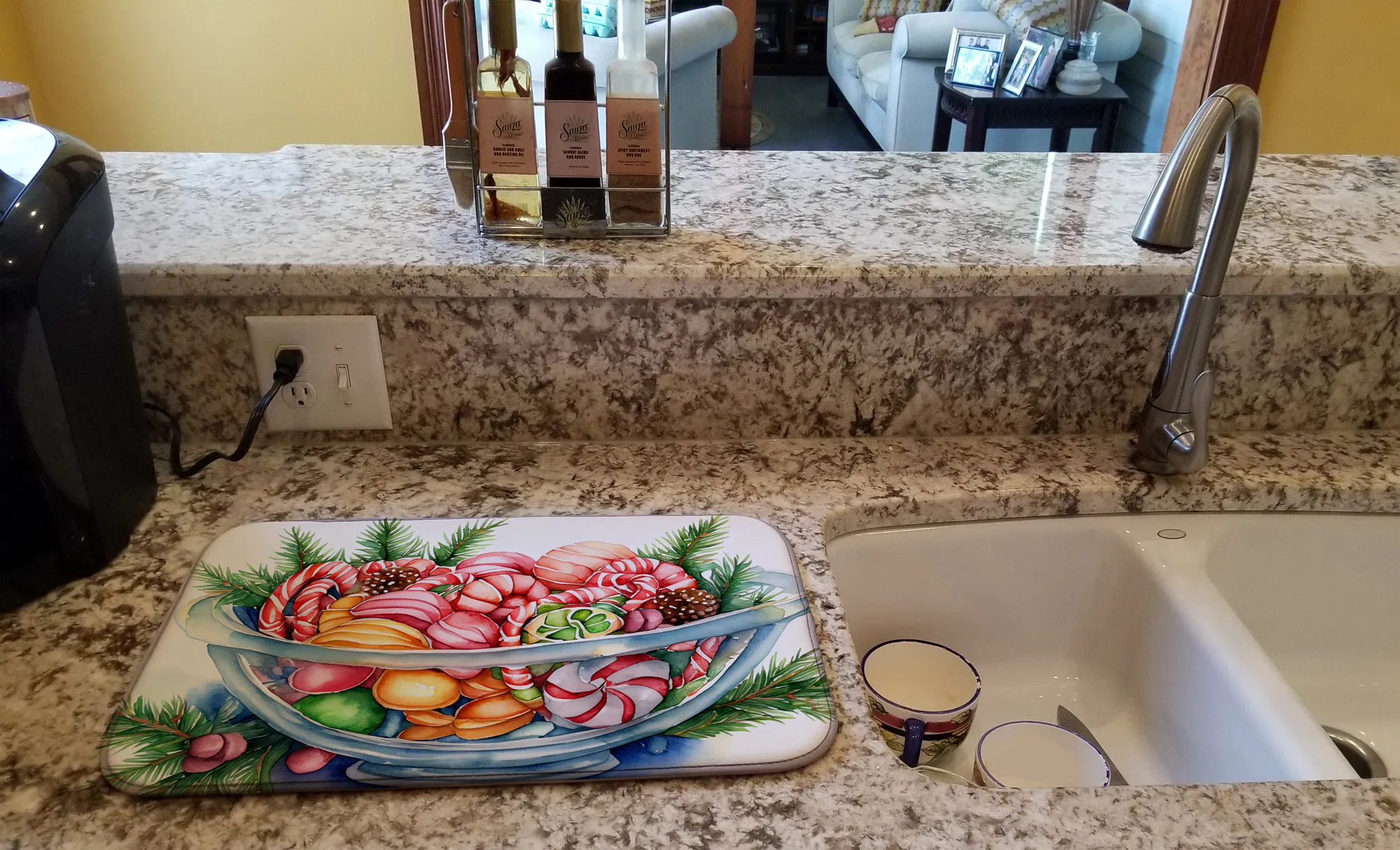 Christmas Candy Canes Dish Drying Mat Absorbent Dish Drying Mat Pad for Kitchen Counter Dish Drainer Mat for Countertop, 14 x 21", Multicolor