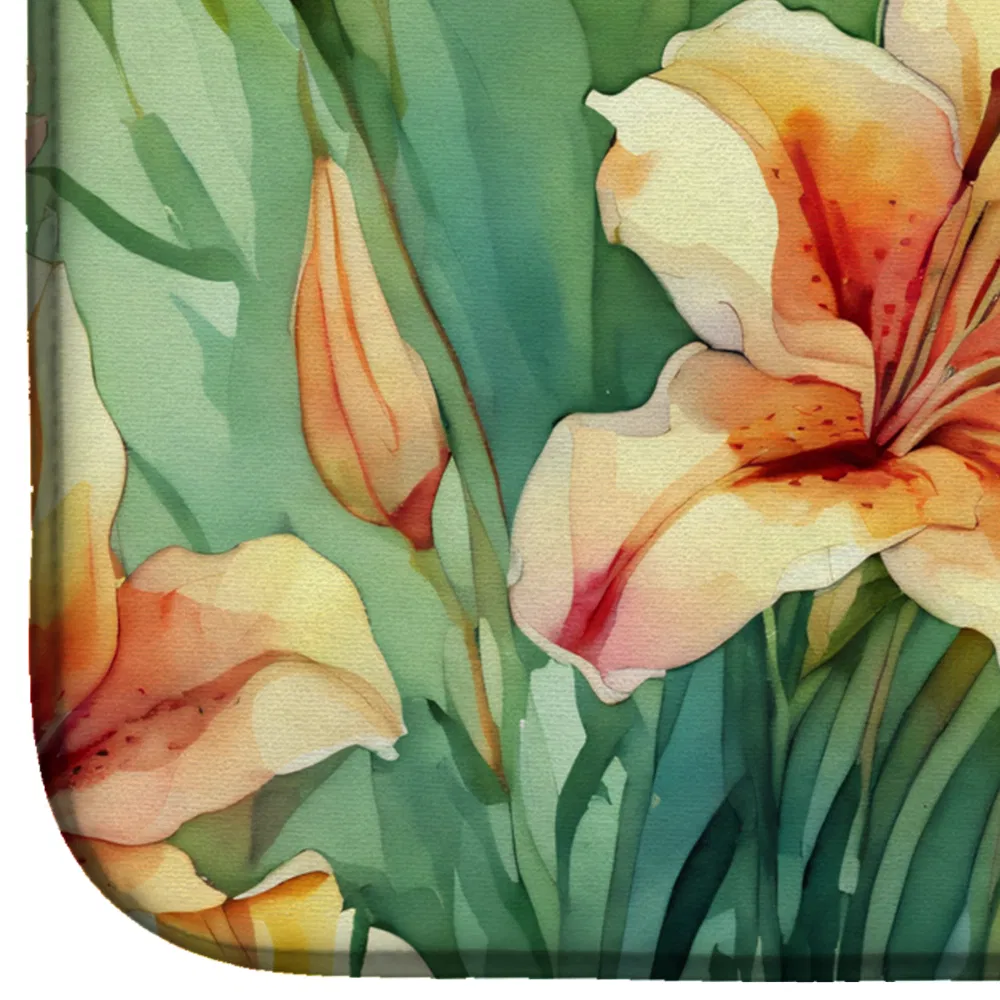 Utah Sego Lilies in Watercolor Dish Drying Mat Absorbent Dish Drying Mat Pad for Kitchen Counter Dish Drainer Mat for Countertop, 14 x 21", Multicolor