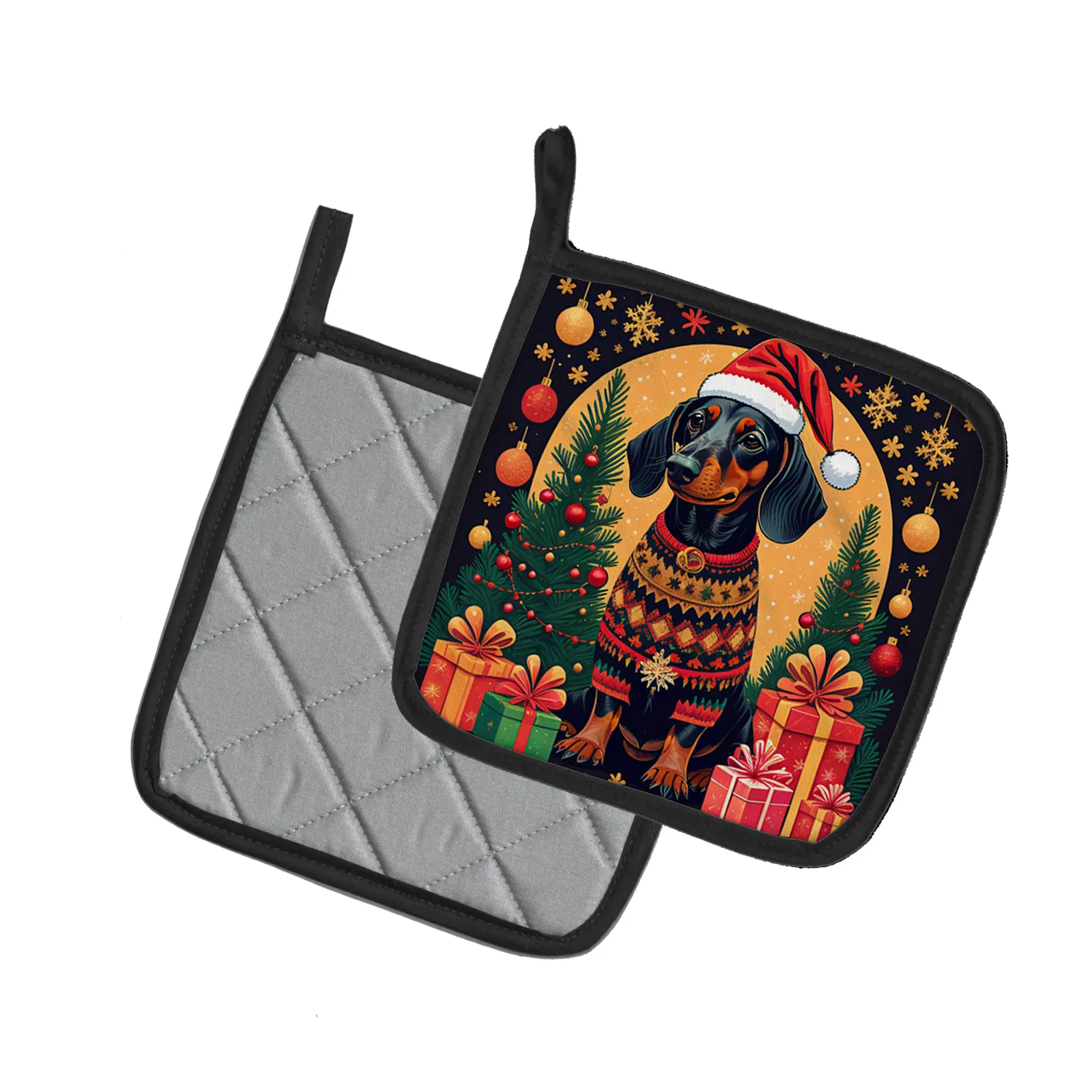 Black and Tan Dachshund Christmas Pair of Pot Holders Kitchen Heat Resistant Pot Holders Sets Oven Hot Pads for Cooking Baking BBQ, 7 1/2 x 7 1/2