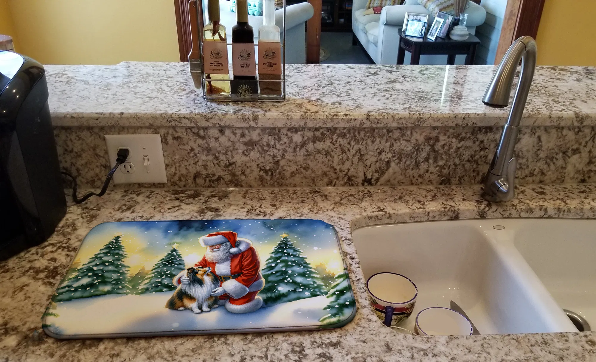 Sheltie and Santa Claus Dish Drying Mat Absorbent Dish Drying Mat Pad for Kitchen Counter Dish Drainer Mat for Countertop, 14 x 21", Multicolor