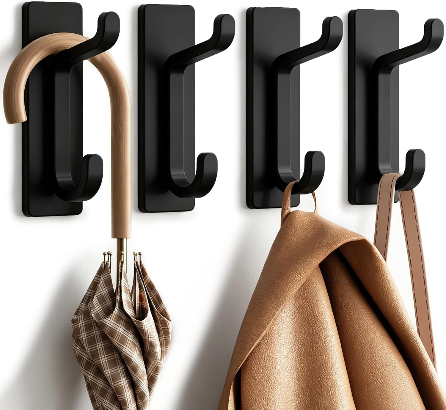 Strong Stick On Hooks 4 Units, 6KG Adhesive Wall Hooks For Coats, Towels, Hats, Bags And Bathroom Home Organization, Black