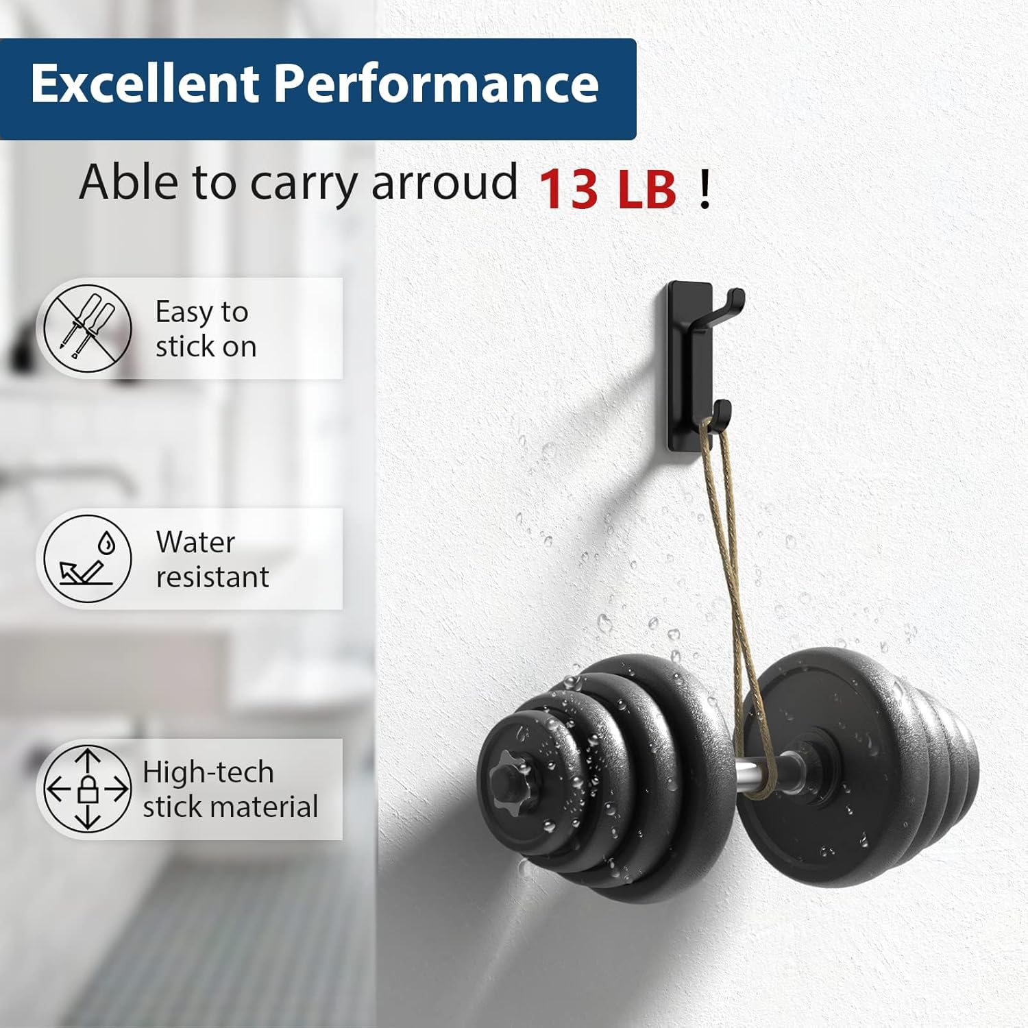 Strong Stick On Hooks 4 Units, 6KG Adhesive Wall Hooks For Coats, Towels, Hats, Bags And Bathroom Home Organization, Black