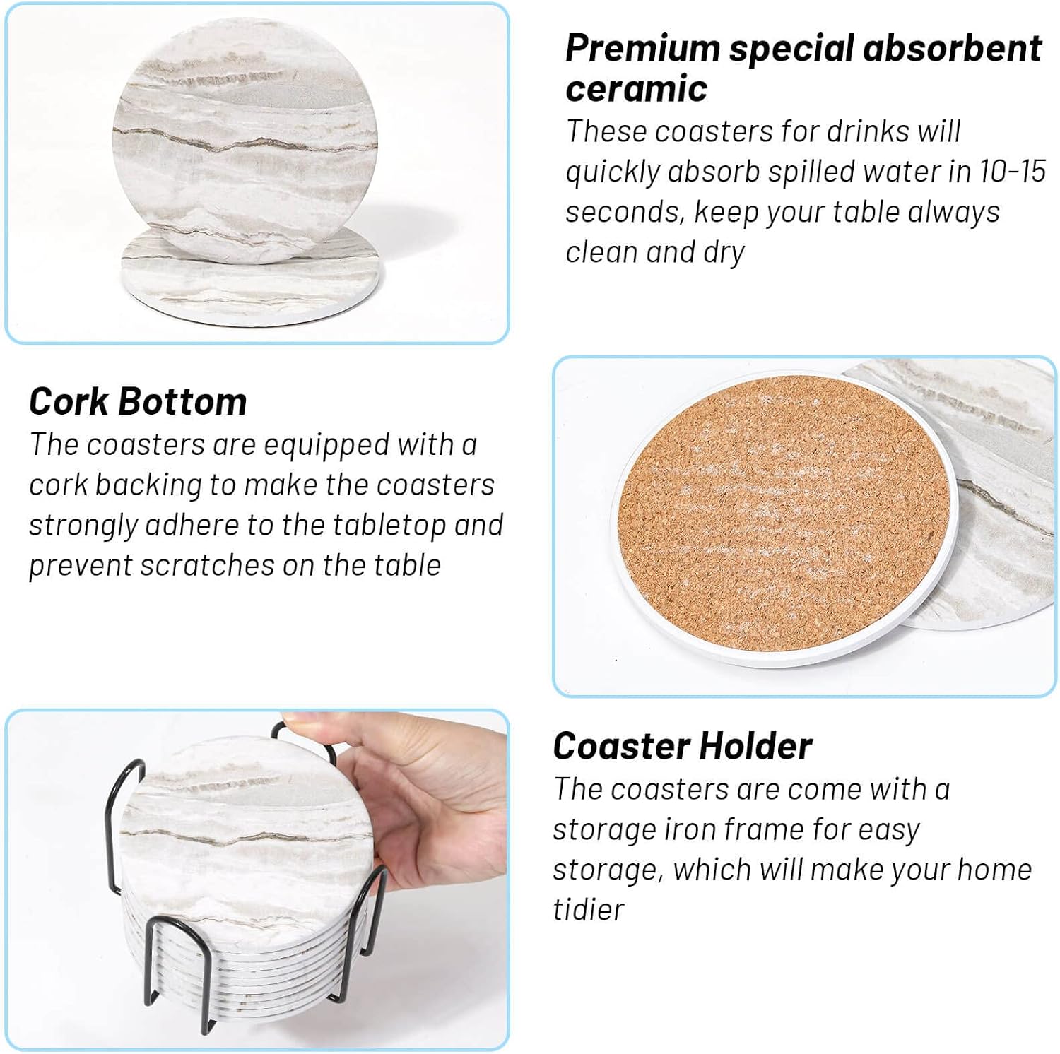 Ceramic Drink Coasters 6 PCS With Holder, Absorbent Marble Style Coaster Set For Coffee Table, Wooden Table, Cups And Home Decor