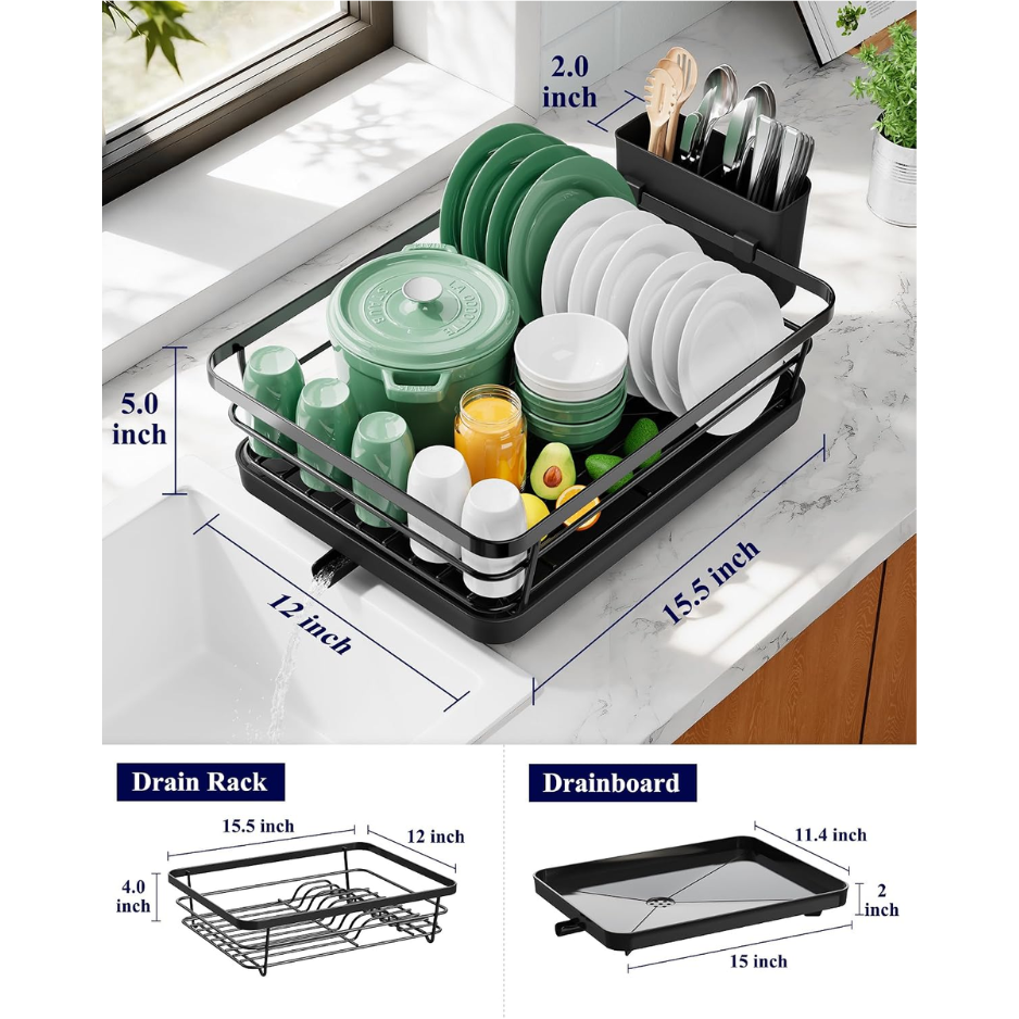 Dish Drying Rack For Kitchen Counter, 12W X 15.5L, Black Stainless Steel Sink Organization, Cutlery Holder, Home