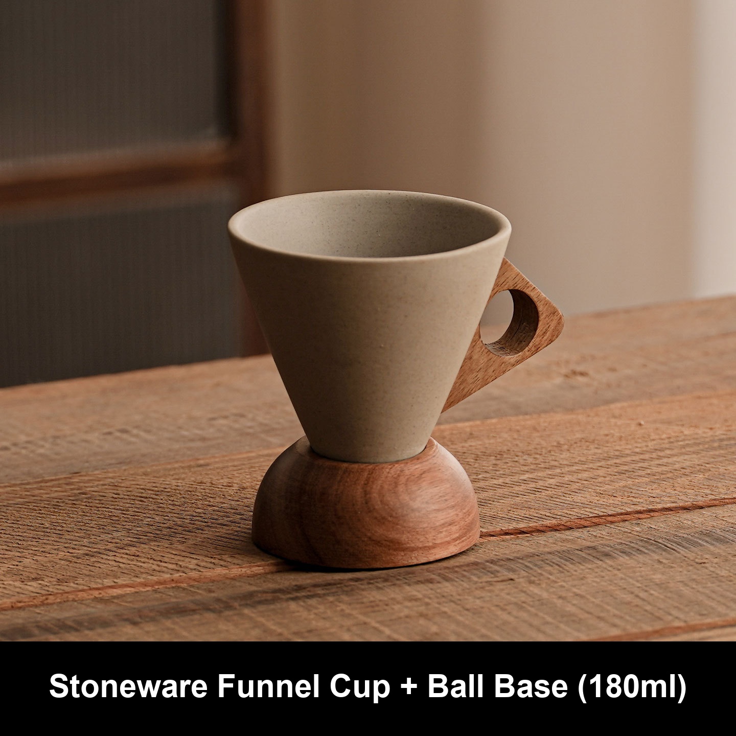 Vintage Handmade Stoneware Funnel Coffee Mug With Wooden Base, 6oz Or 8.5oz Rustic Ceramic Tea Cup, Matte Glaze Pottery Latte Cup For Home Cafe